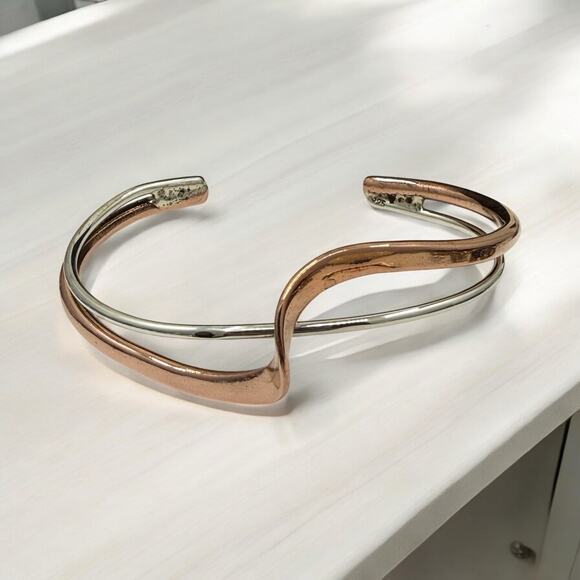 Copper 925 Sterling Silver Wave Cuff Bracelet Adjustable Size Artisan Handmade - Picture 2 of 8